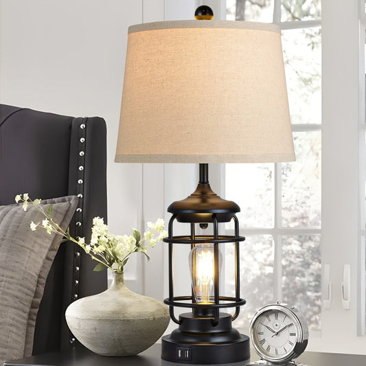 Farmhouse Table Lamps Set of 2 with 4 LED Bulbs | Touch Control 3-Way Dimmable Nightstand Lamp Dual USB Ports Natural Linen Shade Metal Black 22 Inch Bedroom Living Room