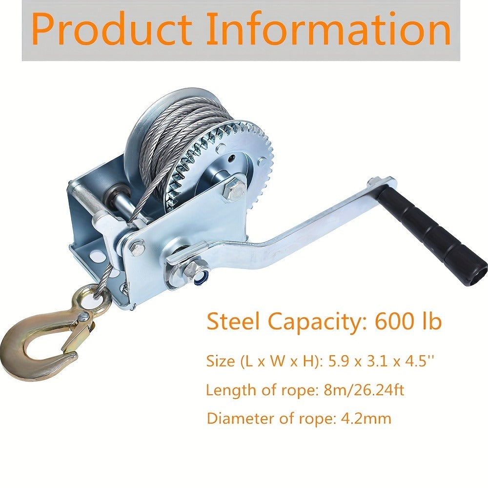 Manual Hand Winch Heavy Duty Carbon Steel 800-1600 lbs - Double Brake Safety System, Strap Winch with Mooring Hook & Safety Pawl, for Boat, ATV, Trailer, Farm, Garage & Industrial Pulling Tasks