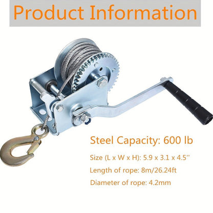 Manual Hand Winch Heavy Duty Carbon Steel 800-1600 lbs - Double Brake Safety System, Strap Winch with Mooring Hook & Safety Pawl, for Boat, ATV, Trailer, Farm, Garage & Industrial Pulling Tasks