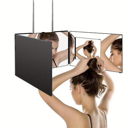 3 Way Mirror for Self Hair Cutting, 360° View Hair Cut Mirror to See Back of Head Height-Adjustable Hook Door Wall Table Mount Anti-Fog HD Glass Optional LED Light for Men Women DIY Home Barber