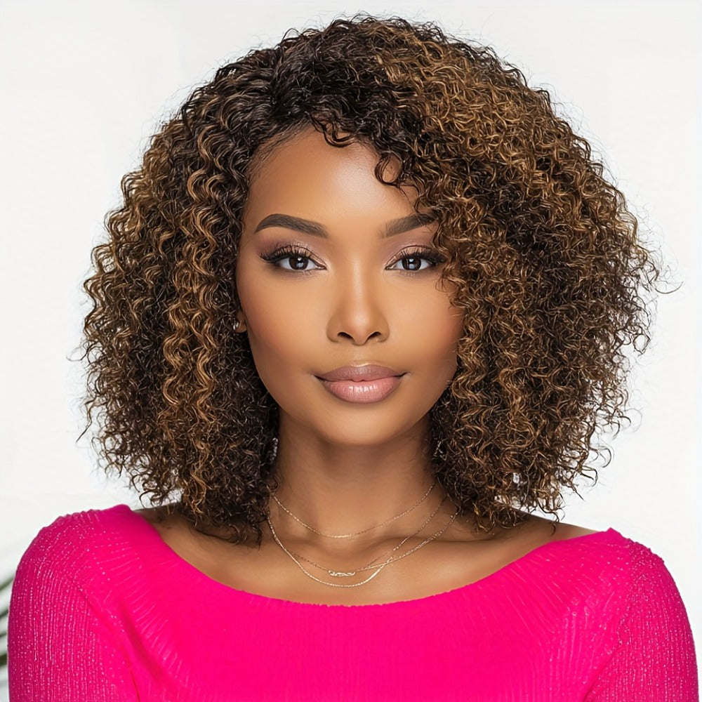 Jerry Curl Human Hair Wig with Bangs, 12-Inch Length and P4/30/27 or P1B/30 Highlight Options