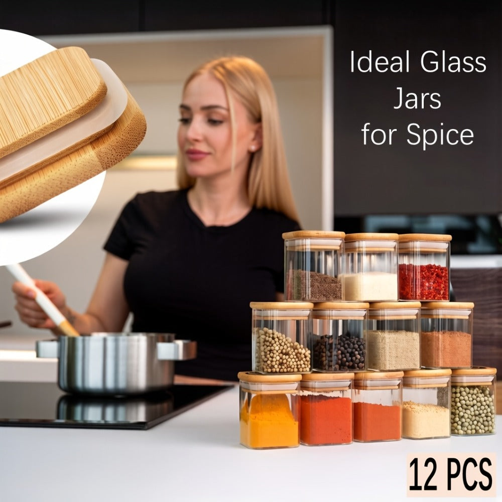 Twelve-Piece Square Glass Spice Jar Set with Bamboo-Style Lids, Labels and 7-Ounce Capacity