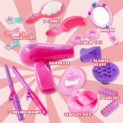 Girls Beauty Salon Toy Set 17 PCS – Pretend Play Hair Stylist Kit with Working Hairdryer Mirror Curling Wands Combs Clips & Jewelry Box | Princess Hair Dresser Toy for Girls Ages 3+ | Best Birthday Christmas Gift