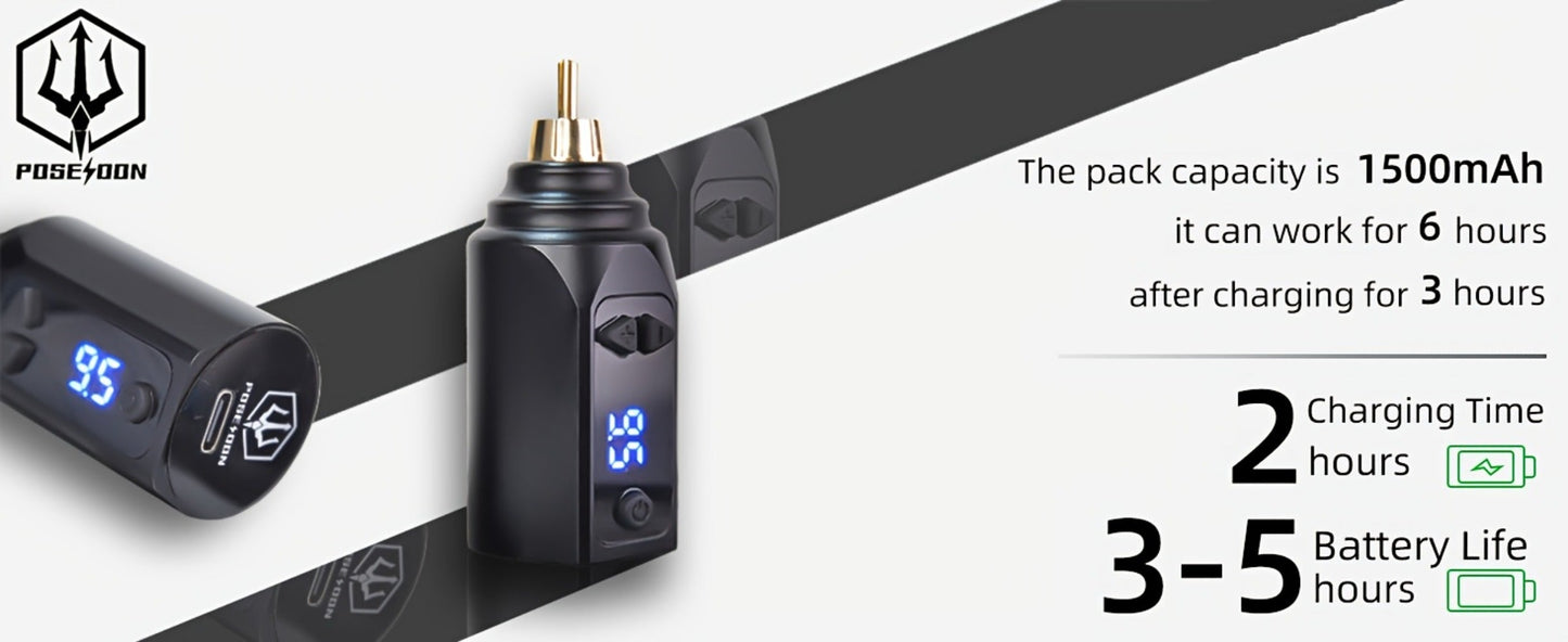 Tattoo Machine Kit POSEIDON TK035 Wireless Rotary Pen with LCD, 1500mAh Battery, 20 Cartridges and Practice Supplies