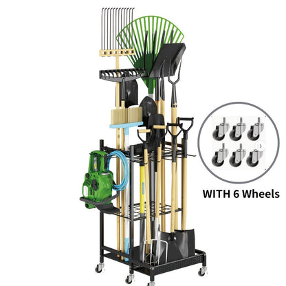 Garden Tool Organizer for Garage – Metal Yard Tool Storage Rack with Hooks & Wheels for Long-Handled Tools, Broom, Shovel, Rake, Mop – Heavy Duty Freestanding Tool Stand Holder, Black