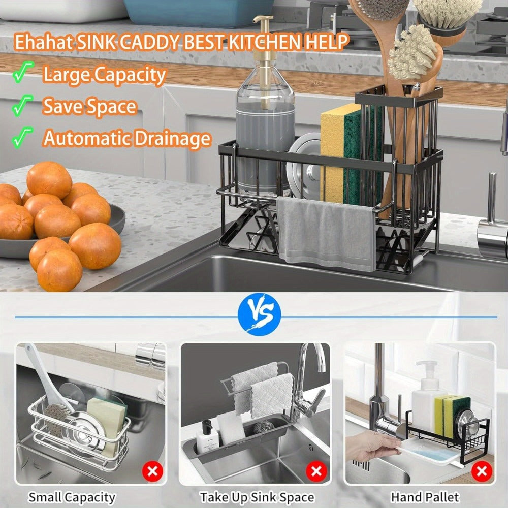 Black Sink Caddy with Drain Tray, Hanging Dishcloth Bar, Brush Holder and 23.5 cm Countertop Width