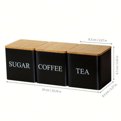 Three-Piece Black or White Ceramic-Style Kitchen Canister Set for Coffee, Tea, Sugar or Spices