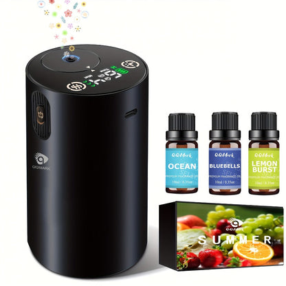 Waterless Essential Oil Diffuser Nebulizer – 4 Mist Levels, 1/2/3/4/6H Timer, Auto-Off, Battery Operated Mini Scent Machine for Home Car Bedroom Hotel, Essential Oil Bundles (Silver & Black)