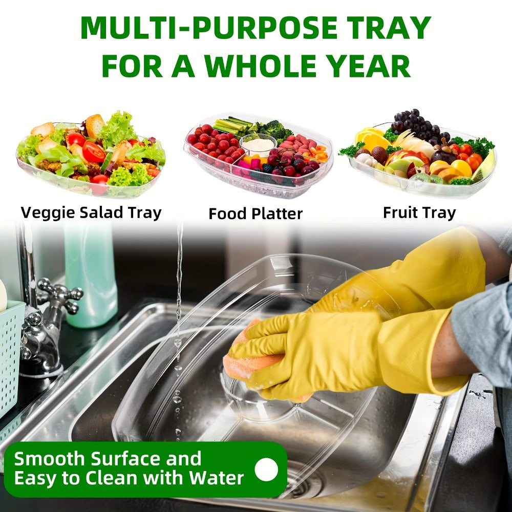 Appetizer Serving Tray with Ice Tray & Flip Lid – 15 Inch Round Chilled Condiment Serving Platter, BPA-Free Plastic Veggie Dip Bowl, Dishwasher & Freezer Safe Party Snack Tray