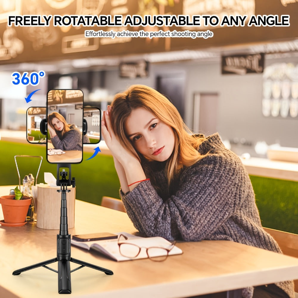 Black Selfie Stick Tripod with Telescoping Pole, Rotating Phone Clamp, Fold-Out Base and Remote