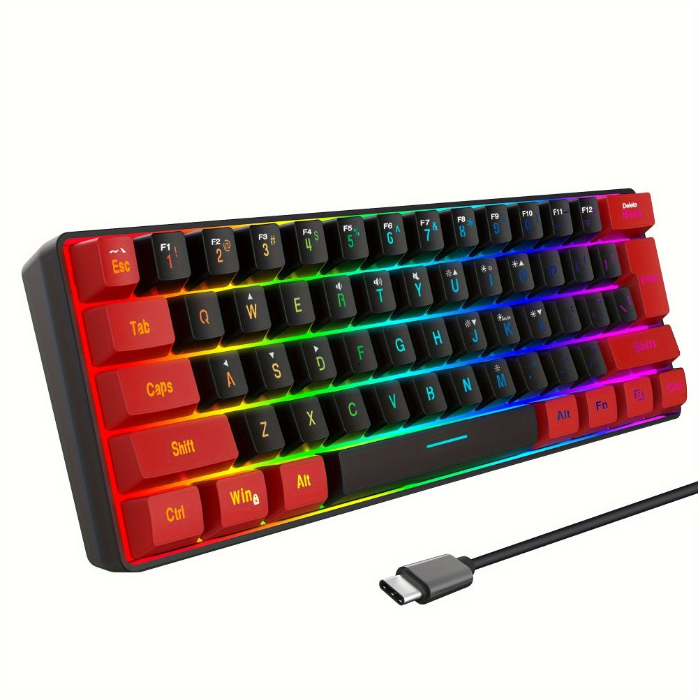 60% Compact Wired Gaming Keyboard RGB Backlit Membrane Ultra-Mini 61 Keys for PC Gamers Laptop Desktop Windows Mac – SNPURDIRI Red and Black Small Gaming Keyboard with Anti-Ghosting