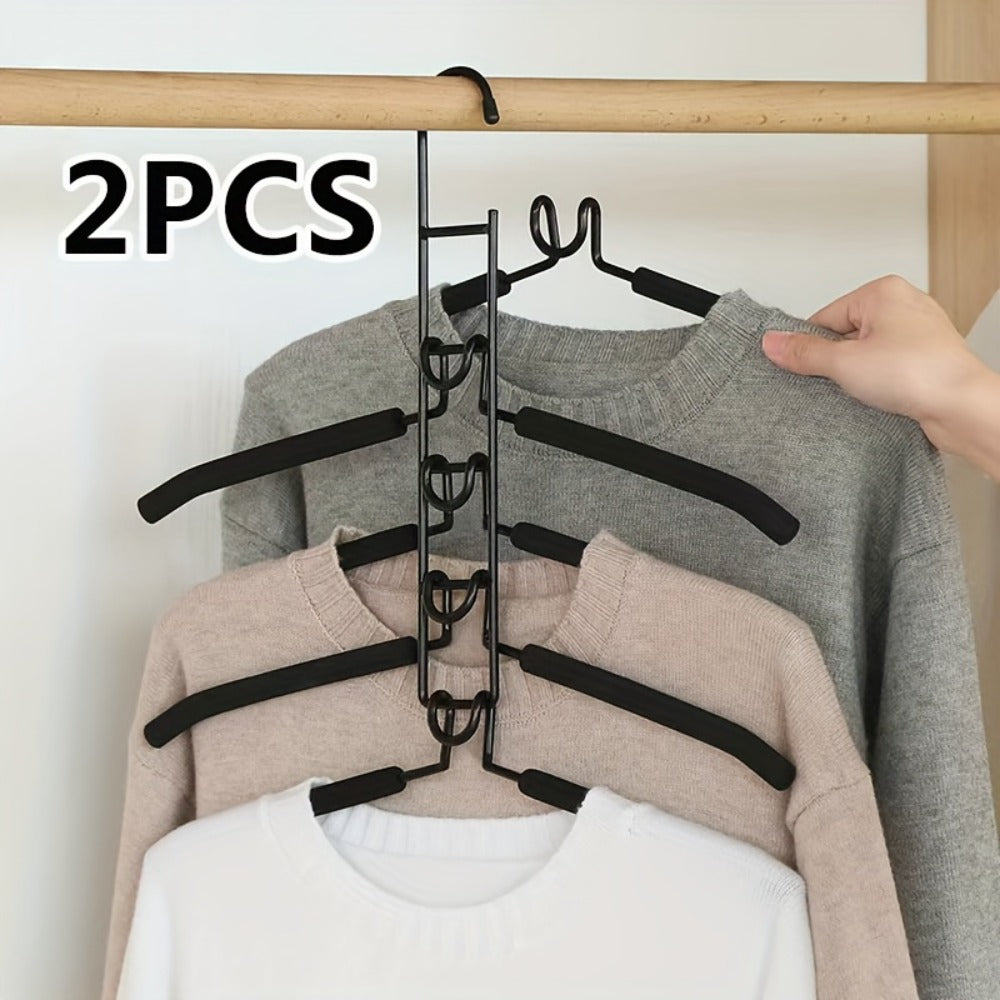 Five-Tier Cascading Clothes Hanger Organizers with Padded Arms in a Two-Piece Black Set for Closets