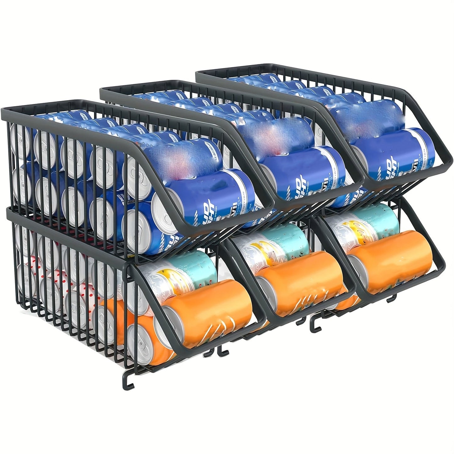 Soda Can Rack Kitchen Organizer 6-Piece Black Iron Stackable Set for Refrigerator, Pantry or Cabinet