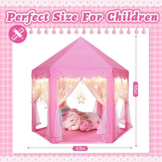 Pink Princess Hexagon Play Tent for Girls Indoor Dream Castle with Gauze Curtain Reading Corner Secret Base Kids Room Decor Pretend Play Birthday Gift Toddlers