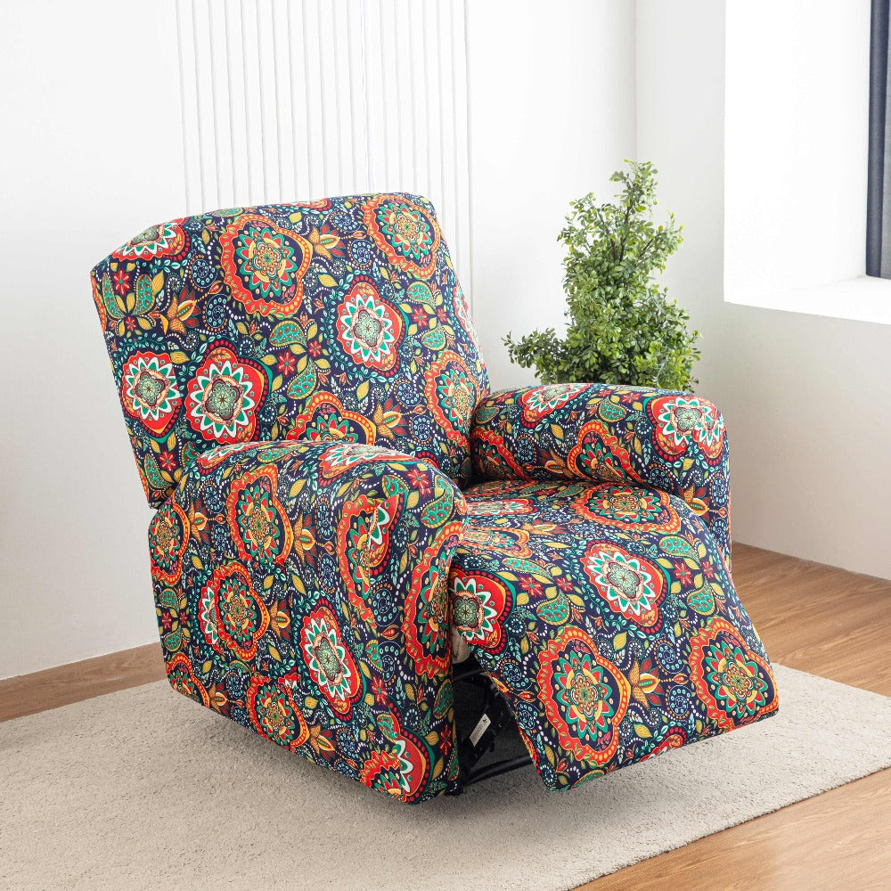 Chair Cover Four-Piece Printed Recliner Slipcover with Side Pockets in Ten Available Pattern Choices
