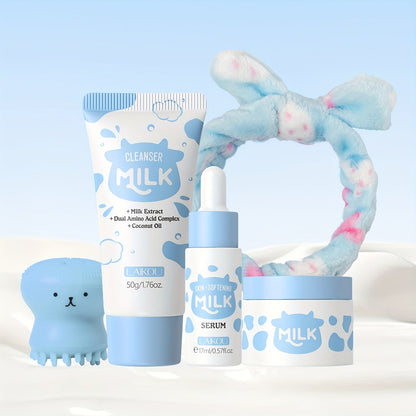 Skincare Set with LAIKOU Label, 5 Milk Items with 50g Cleanser 17ml Serum 25g Cream Brush and Headband