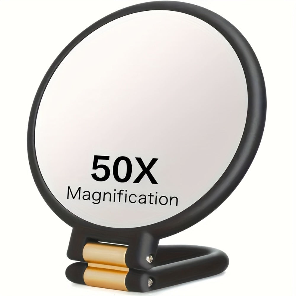 Makeup Mirror Dual-Sided 1X and 50X Handheld Round Compact with Folding 360° Handle in Black or White