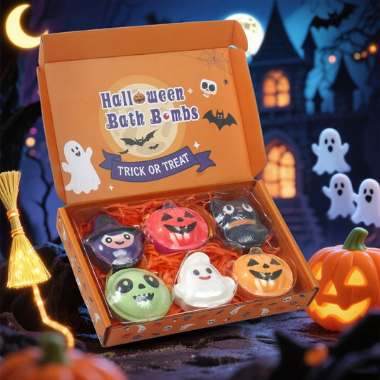Bath Bombs, 5-Piece Halloween Gift Set with Pumpkin, Bat, Skull, Hat and Cat Shapes in Individual Wrappers