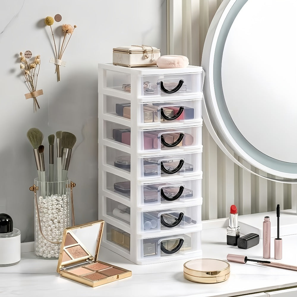 Seven-Drawer Desktop Organizer in Black or White, One- or Two-Piece Set with Clear Front Drawers