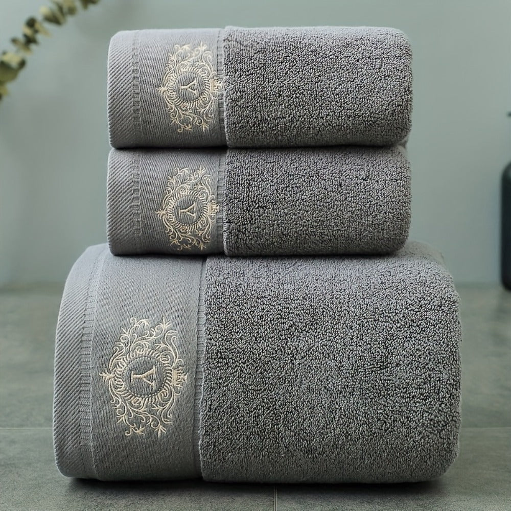 Three-Piece Towel Set with Two Hand Towels and One Bath Towel in Four Embroidered Color Options