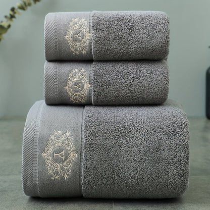 Three-Piece Towel Set with Two Hand Towels and One Bath Towel in Four Embroidered Color Options
