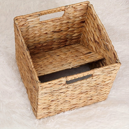 Woven Cube Storage Basket with Cutout Handles in Natural Color and One-, Two- or Four-Piece Packs
