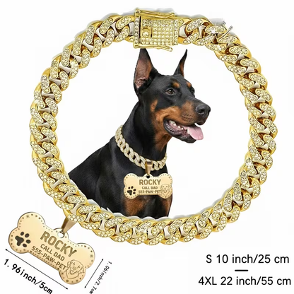 Personalized Cuban Chain Dog Collar with Engravable Bone ID Tag in Three Finishes and Sizes S to 4XL