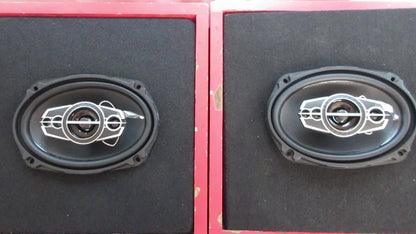 Pair of 6 x 9 Inch Five-Way Coaxial Car Speakers Labeled 1000W Peak, 120W RMS and 4 Ohms with Grilles