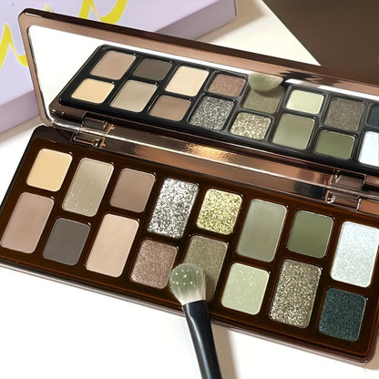 16-Color Eyeshadow Palette – Smoky Retro Matte Glitter & Pearlescent Shades, Gray Green Earthy Tones with Highlight & Blush, Compact Travel-Friendly Makeup Palette for Women