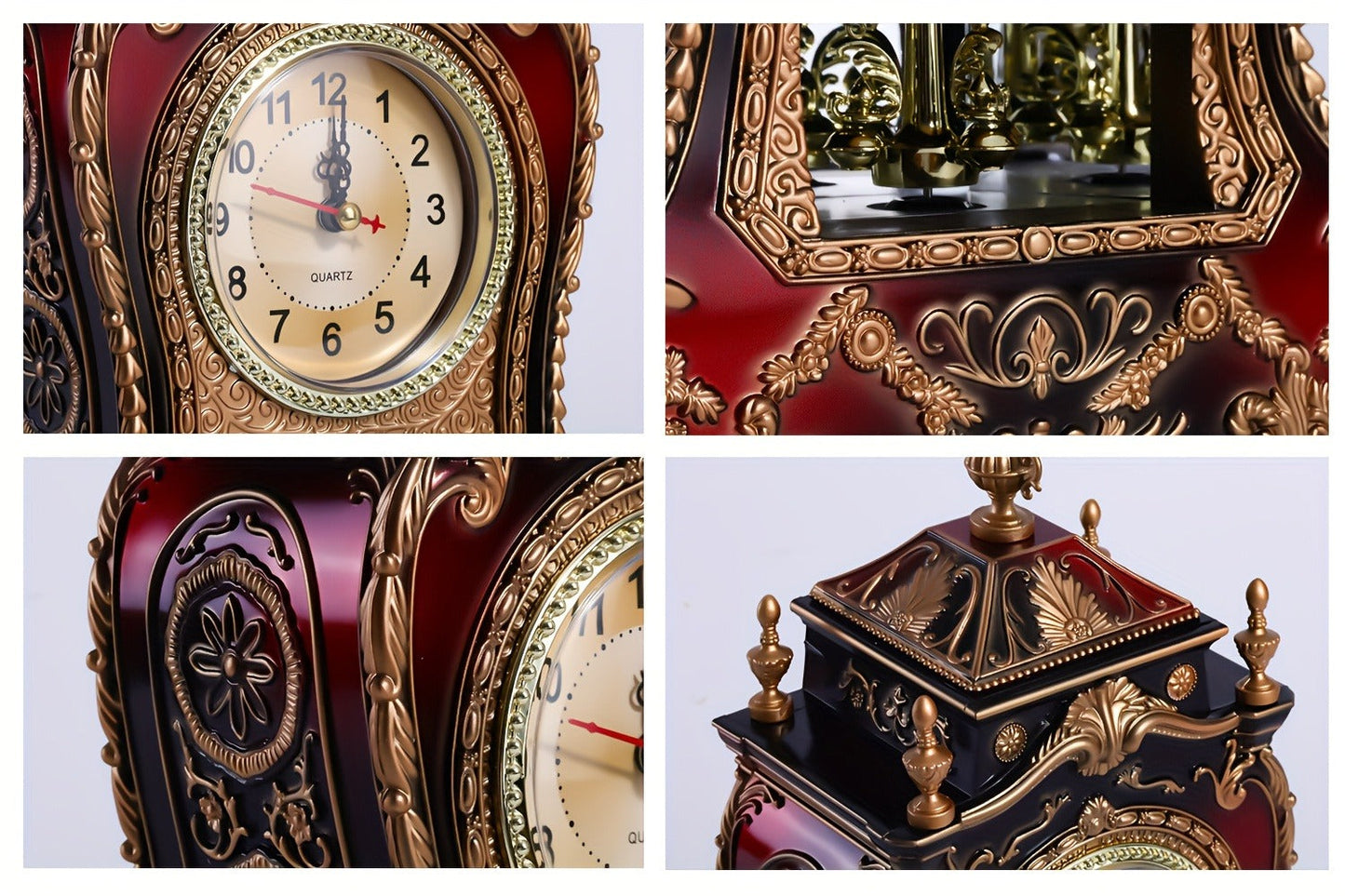 Ornate Brown-Red Tabletop Alarm Clock with Analog Dial, Decorative Pendulum Window and 14-Inch Height