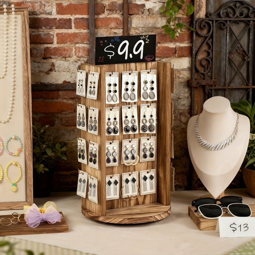 Jewelry Organizer Rotating White Display Tower with 40 Hooks and Top Sign Panel for Countertop Use