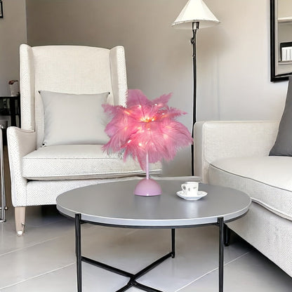 Night Light Feather Table Lamp with 40-Head Copper-Wire LEDs in White, Pink or Two-Piece Pink Options