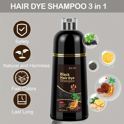RILSIC 3-in-1 Gray Hair Color Shampoo with Plant Squalene — 100% Gray Coverage Wash & Condition Instant Results, No Mix No Ammonia, 16.91oz / 500ml for Women & Men All Hair Types