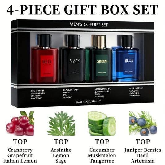 EDT Cologne Gift Set for Men 4 Piece Variety 4 Different Scents Long Lasting Fragrance Mini Bottles 0.85oz Each Travel Friendly Holiday Birthday Dating Party Gift Box for Him