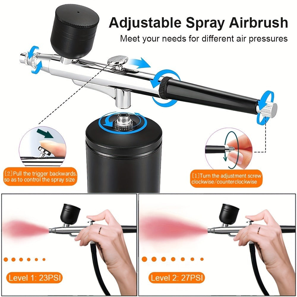 Airbrush Kit with Compressor USB Rechargeable 23-27PSI 0.3mm Nozzle 2-Speed - Portable Cordless Airbrush Set with 2 Paint Pots & Brush - for Makeup Nail Art Cake Decorating Crafts Tattoos