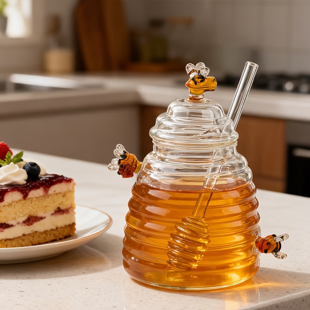 Glass Honeycomb Honey Jar with Lid and Stirrer | 480ml High Borosilicate Transparent Storage Container for Home Kitchen Wedding Party