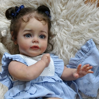 Reborn Baby Doll 48cm Soft Vinyl Toddler Design with Curly Dark Hair, Open Eyes and Blue Outfit