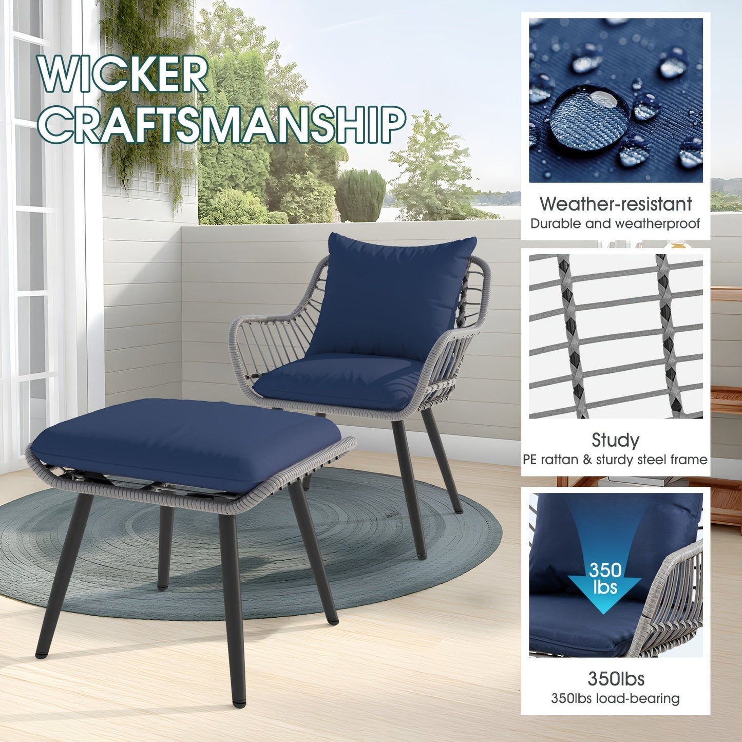 Five-Piece PE Rattan Patio Set with Two Chairs, Two Footstools, Round Glass Table and Gray-Blue Cushions