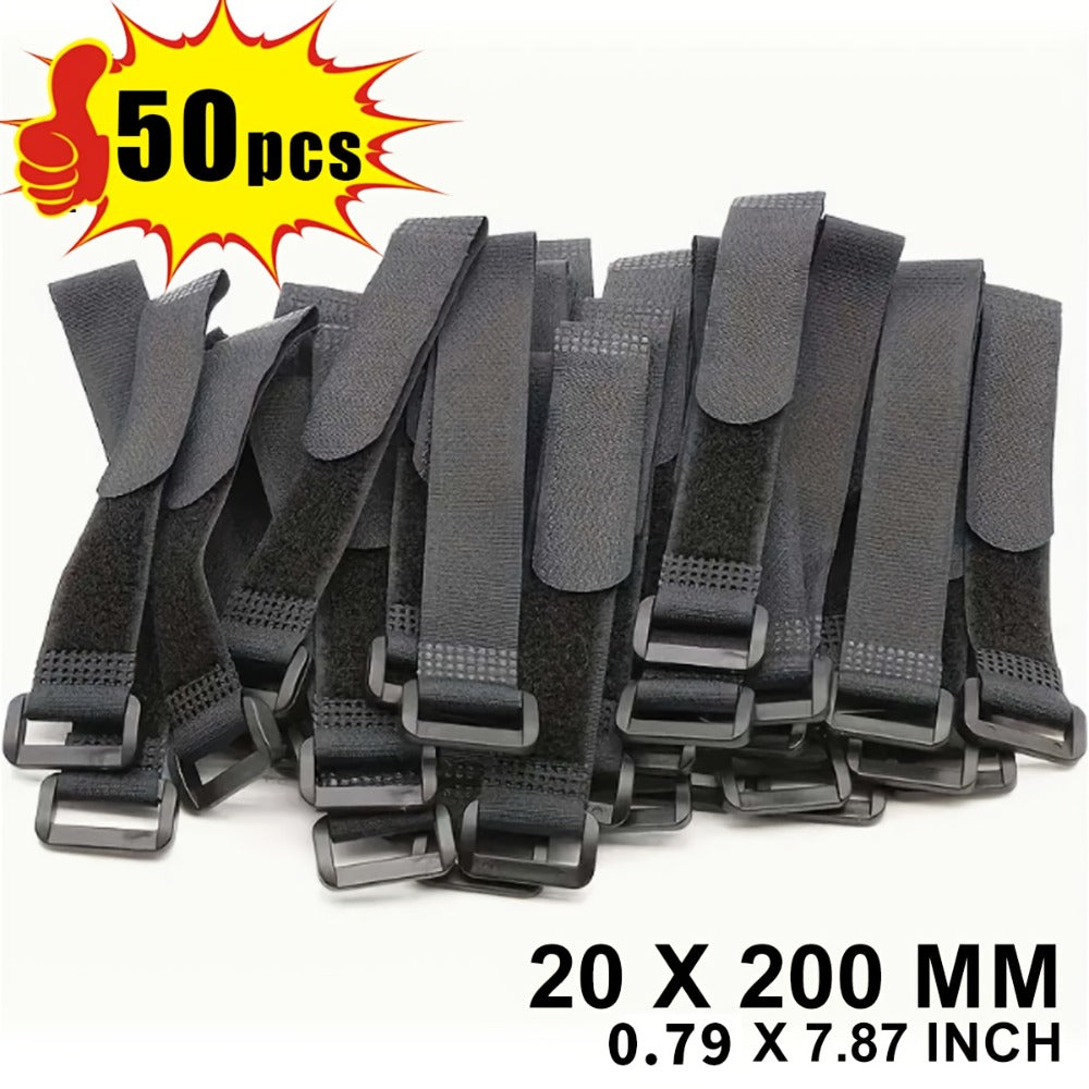 Adjustable Hook-and-Loop Cable Ties, 50 Black Straps with Buckles in 20 x 200 mm Size Pictured
