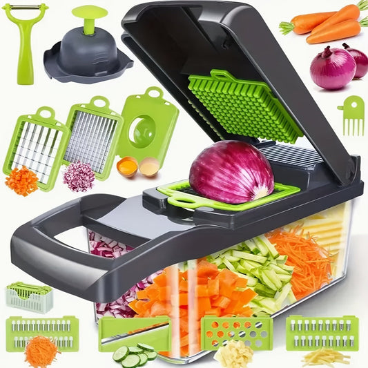 16-in-1 Vegetable Chopper Set with 8 Interchangeable Blades, Manual Food Chopper with Container, Peeler & Filter for Onion, Garlic, Carrot – Kitchen Prep Tool