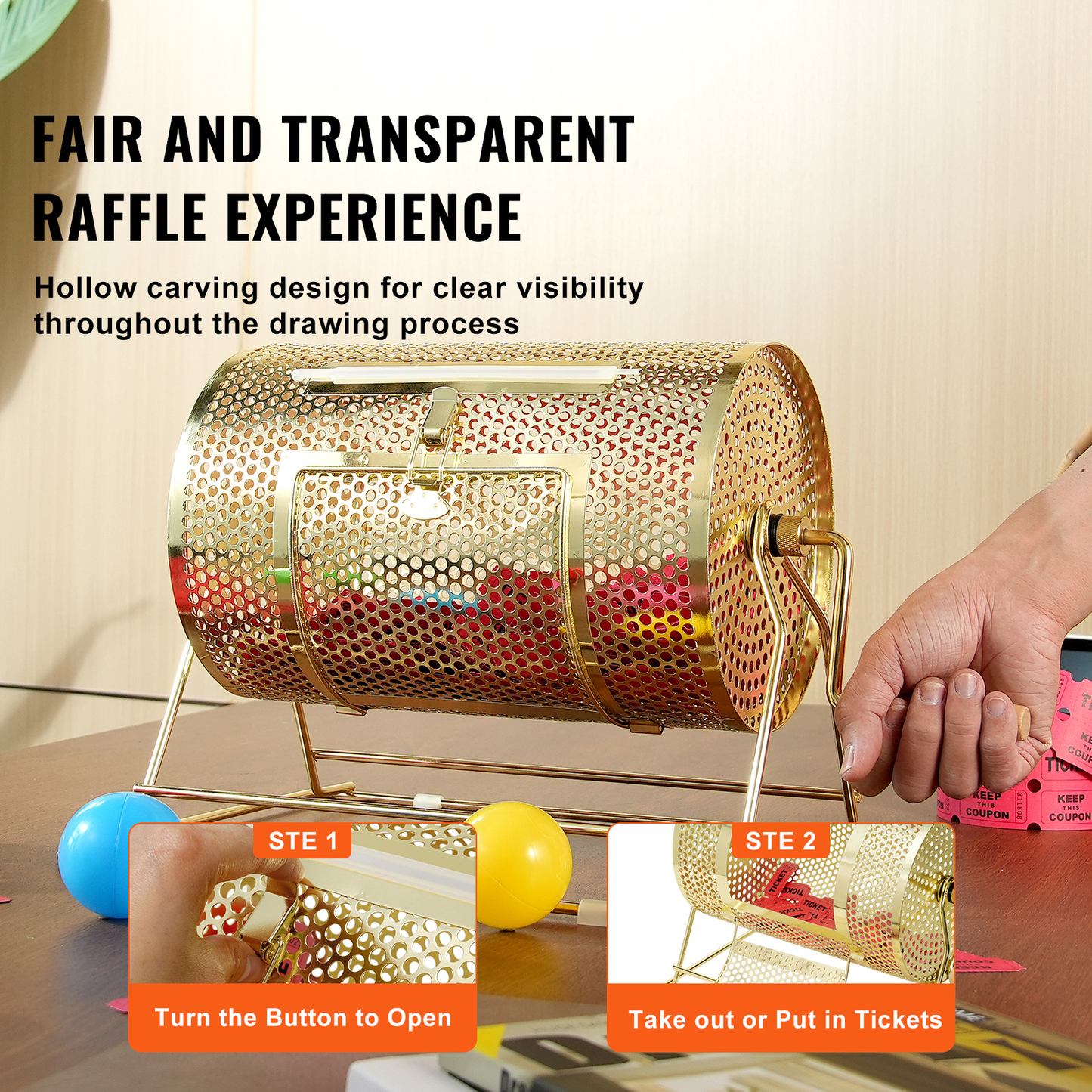 Gold-Tone Raffle Drum with Crank Handle, Perforated Rotating Cage, Base Stand and Ticket Accessories