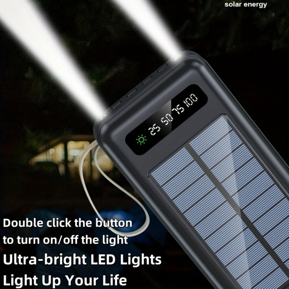 Solar Power Bank, 10000mAh to 30000mAh Charger with Built-In Cables, LED Light, Digital Display and 5W or 15W Options