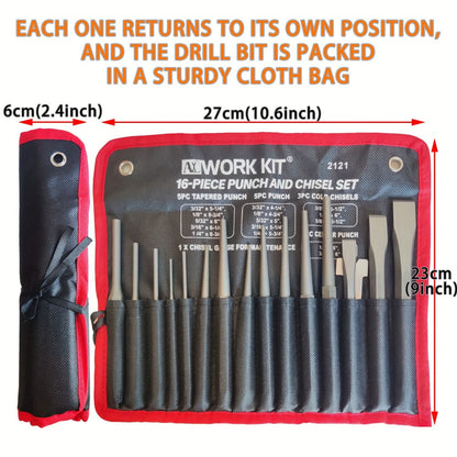 Punch and Chisel Set 16pcs Cr-V Steel with Taper Punch Cold Chisels Pin & Center Punches Fabric Storage Case Heavy-Duty Non-Electric Hand Tool Kit for Metalworking Woodworking Automotive DIY