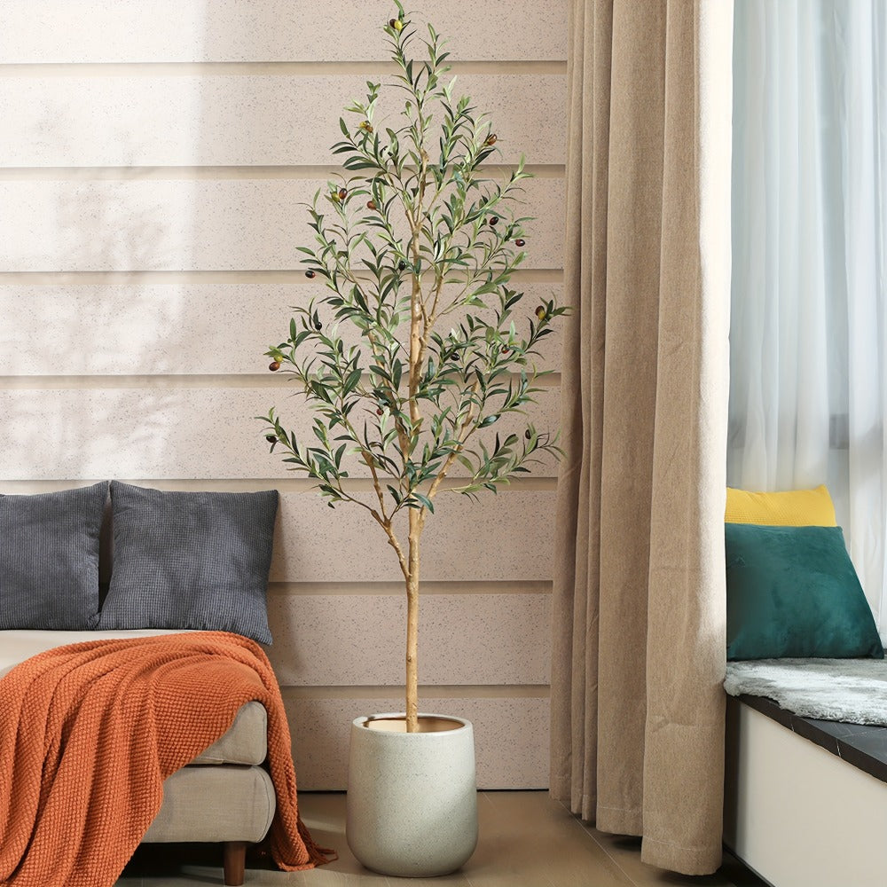 Slender Potted Olive Artificial Tree with Complete 4, 5, 6 and 7 ft Height Options and Faux Fruit Detail