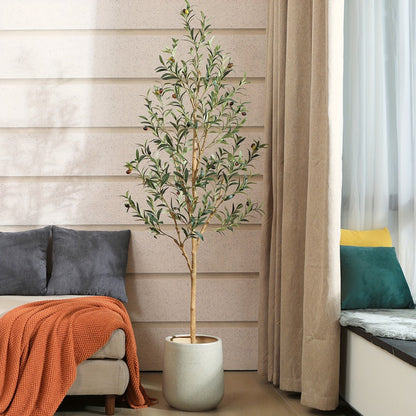 Slender Potted Olive Artificial Tree with Complete 4, 5, 6 and 7 ft Height Options and Faux Fruit Detail