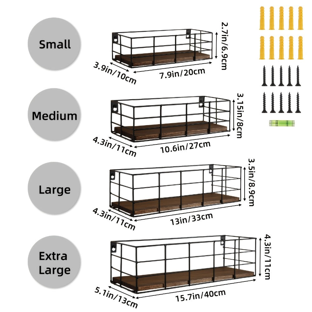 Wire Basket Wall Shelf Set with Wood-Look Bases and Four-Piece or Six-Piece Size Assortments