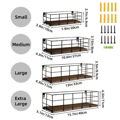 Wire Basket Wall Shelf Set with Wood-Look Bases and Four-Piece or Six-Piece Size Assortments