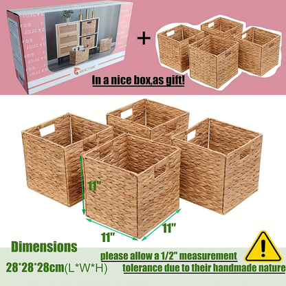 Foldable Water Hyacinth Cube Storage Baskets with Handles, 11 x 11-Inch, 1- to 4-Pack Options
