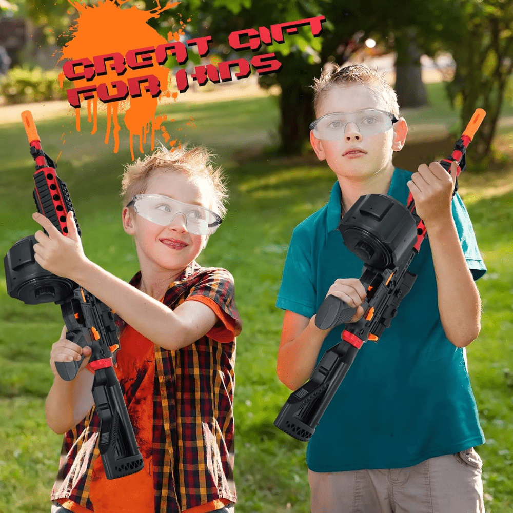 Red-and-Black M416-Style Electric Gel Blaster Set with Scope, Drum, Magazine, Goggles and Charging Cable