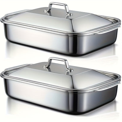 Stainless Steel Deep Baking Tray with Lid 4-Piece Set, 1.59 Gallon Rectangular Roasting Pan with Handle Lids, 16-Inch Dishwasher Safe Deep Tray for Fish BBQ Spaghetti, 2 Trays + 2 Lids